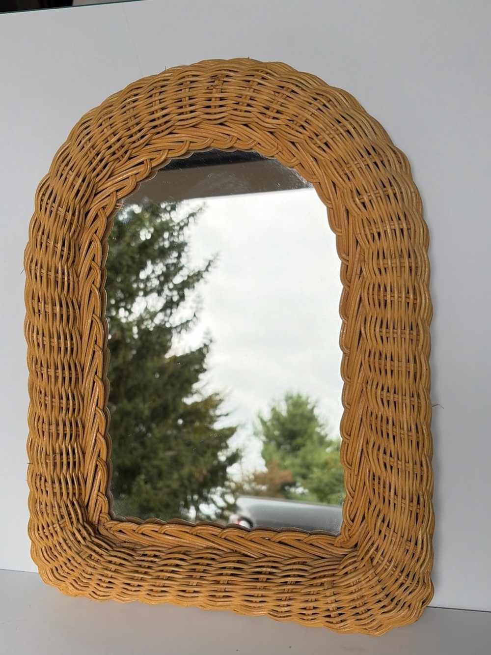 Vintage Boho Coastal Brown Wicker Arched Wall Mirror